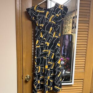 Abstract Patterned Black and Yellow Midi Dress